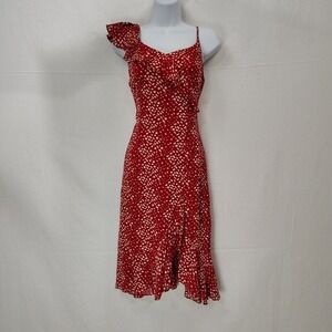 Vintage Red Dress Sz‎ 6 100% Rayon Polka Dot Pinup Flutter Strap Midi Assymetric